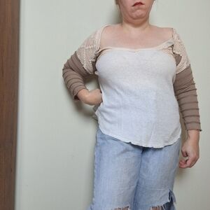 Free People White and Light Brown Crochet Neutral Thermal Top Size Xs